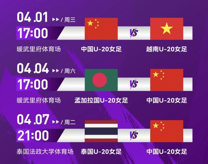 中国U20女足3-0完胜越南，泰国逆转孟加拉国